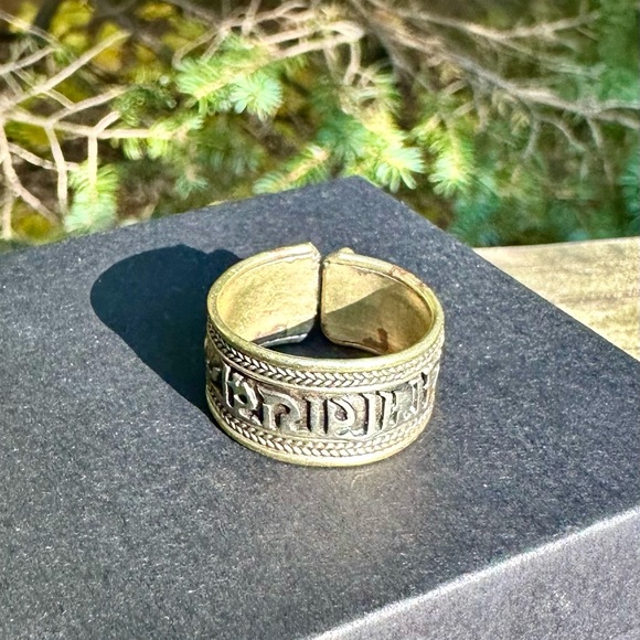 Silver Adjustable Thumb Ring with Intricate OHM Design, Yoga, Buddhism - Picture 2 of 6